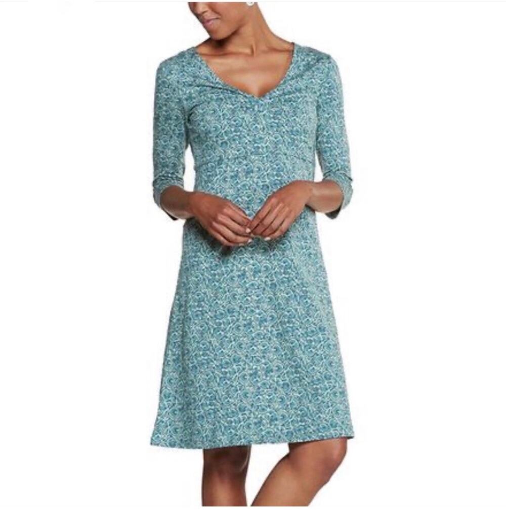 Toad&Co Dress Womens Medium Green Rosalina Pocket Organic Cotton Floral V Neck